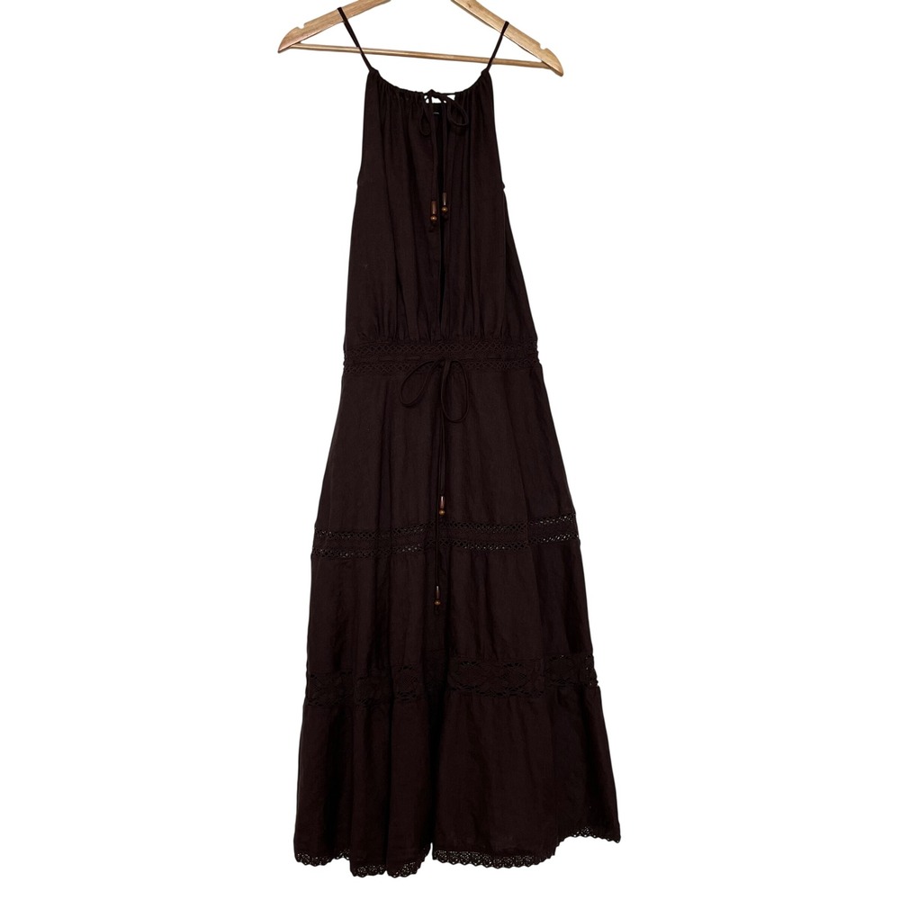 Moda International Chocolate Brown 100% Linen Tiered Lace Trim Maxi Dress SZ XXS